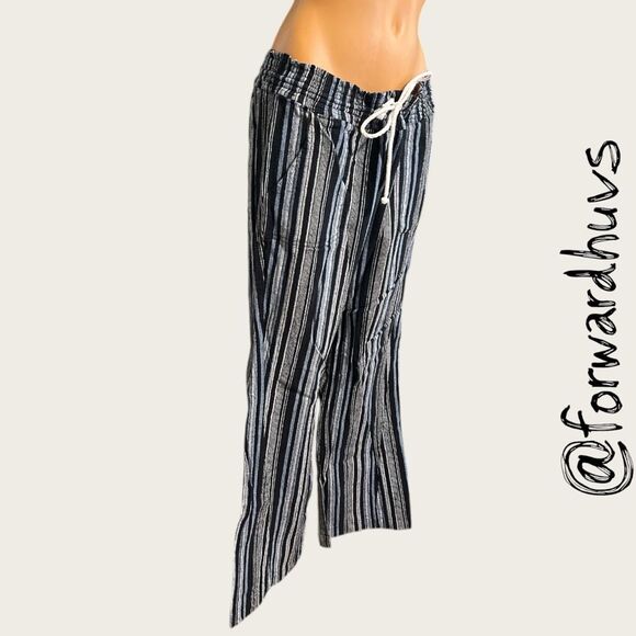 Roxy Oceanside Flared Linen Dark Blue Stripe Pants Size XL - MEASUREMENTS - Picture 4 of 12